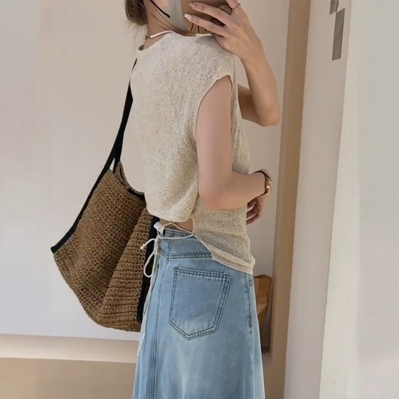 Korean-Style Straight-Shoulder Knitted Short-Sleeve T-Shirt for Women, Summer Thin Style with Back Tie Design, Very Attractive, Waist-Cinching and Slimming Top Korean-Style Straight-Shoulder Knitted Short-Sleeve T-Shirt for Women, Summer Thin Style with Back Tie Design, Very Attractive, Waist-Cinching and Slimming Top