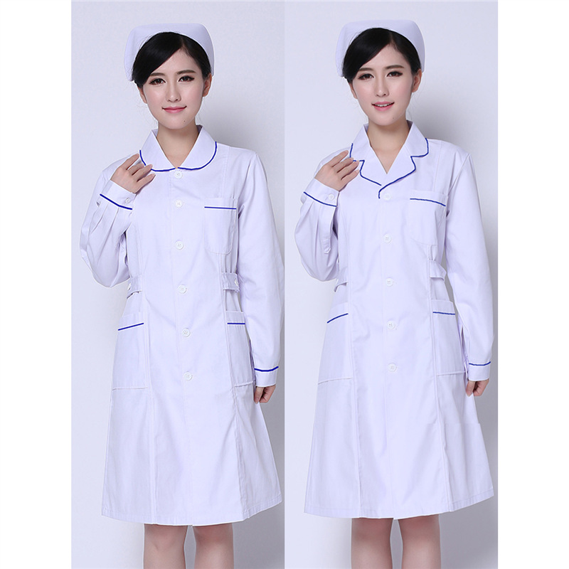 Nightingale nurse's uniform white long-sleeved blue-edged round-neck women's white coat experimental hospital practice overalls