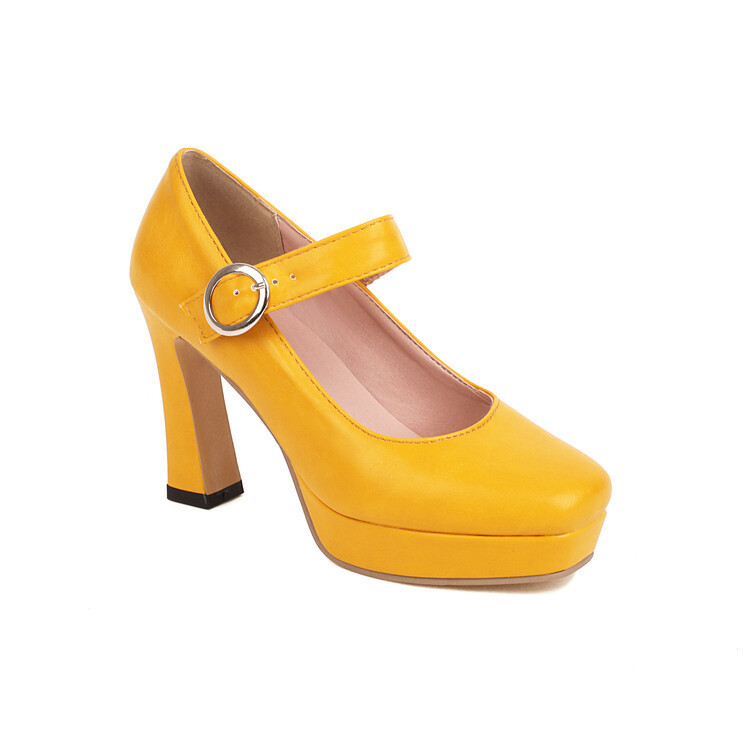 Pantofi cu toc înalt și platformă groasă, cu cap rotund și cataramă, pentru femei, culoare solidă, impermeabili, cu cataramă, cu o singură linie_voghion.com