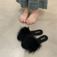 法式黑色毛毛拖鞋凉鞋女2025秋冬新款感一字拖鞋女外穿仙女鞋
