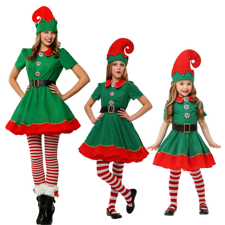 Trajes de fantasía de Navidad transfronterizos para niños y niñas, trajes de cosplay para padres e hijos, trajes de baile de Navidad verde