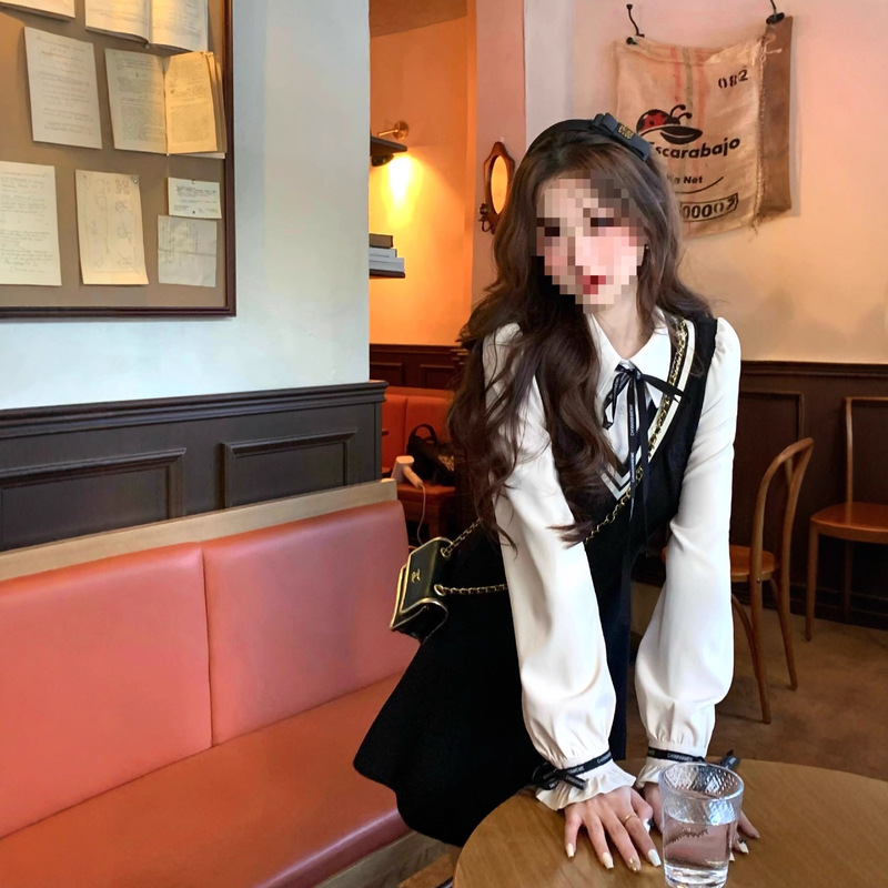 Q Women's Windsor Academy/Fake Two-Piece Shirt Slimming Long-Sleeve Black Dress for Petite Women Early Autumn 2025