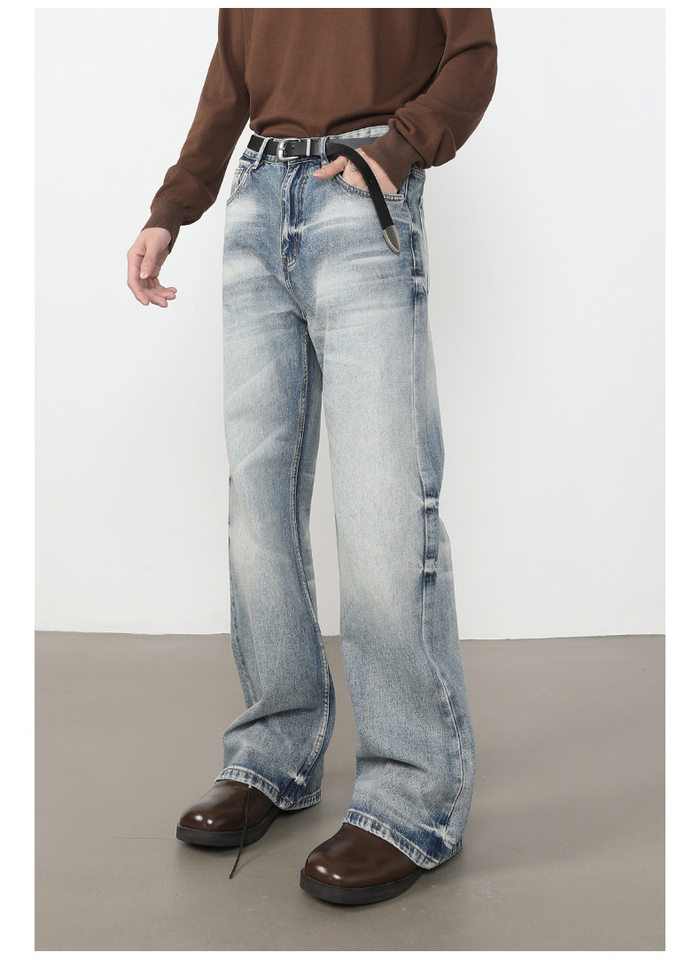 Quần jean nam ống loe nhẹ dáng rộng thoải mái, vải denim xử lý bạc màu — màu xanh, màu xanh nhạt, màu xám đen chi tiết 18