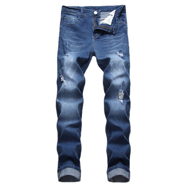 Men's Distressed Black Stretch Jeans Plus Size Light Color Trendy Mid Waist Wide Leg Trousers Machine Washable Cotton_voghion.com