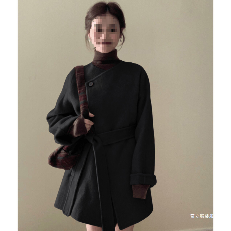 黑色高级感呢子大衣女2025年秋冬季新款毛呢外套小个子韩系中长款