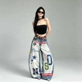 美式潮牌设计感3D打印字母牛仔裤男女街头hiphop阔腿直筒长裤新款