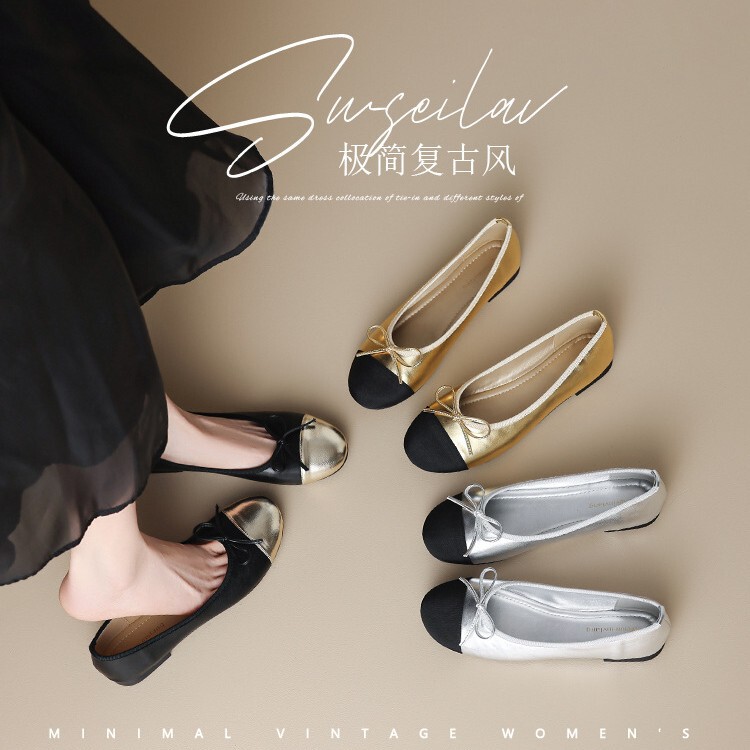 French-style color-block ballet flats, round-toe, shallow-cut, single-sole shoes for women, slip-on style, available in larger sizes French-style color-block ballet flats, round-toe, shallow-cut, single-sole shoes for women, slip-on style, available in larger sizes