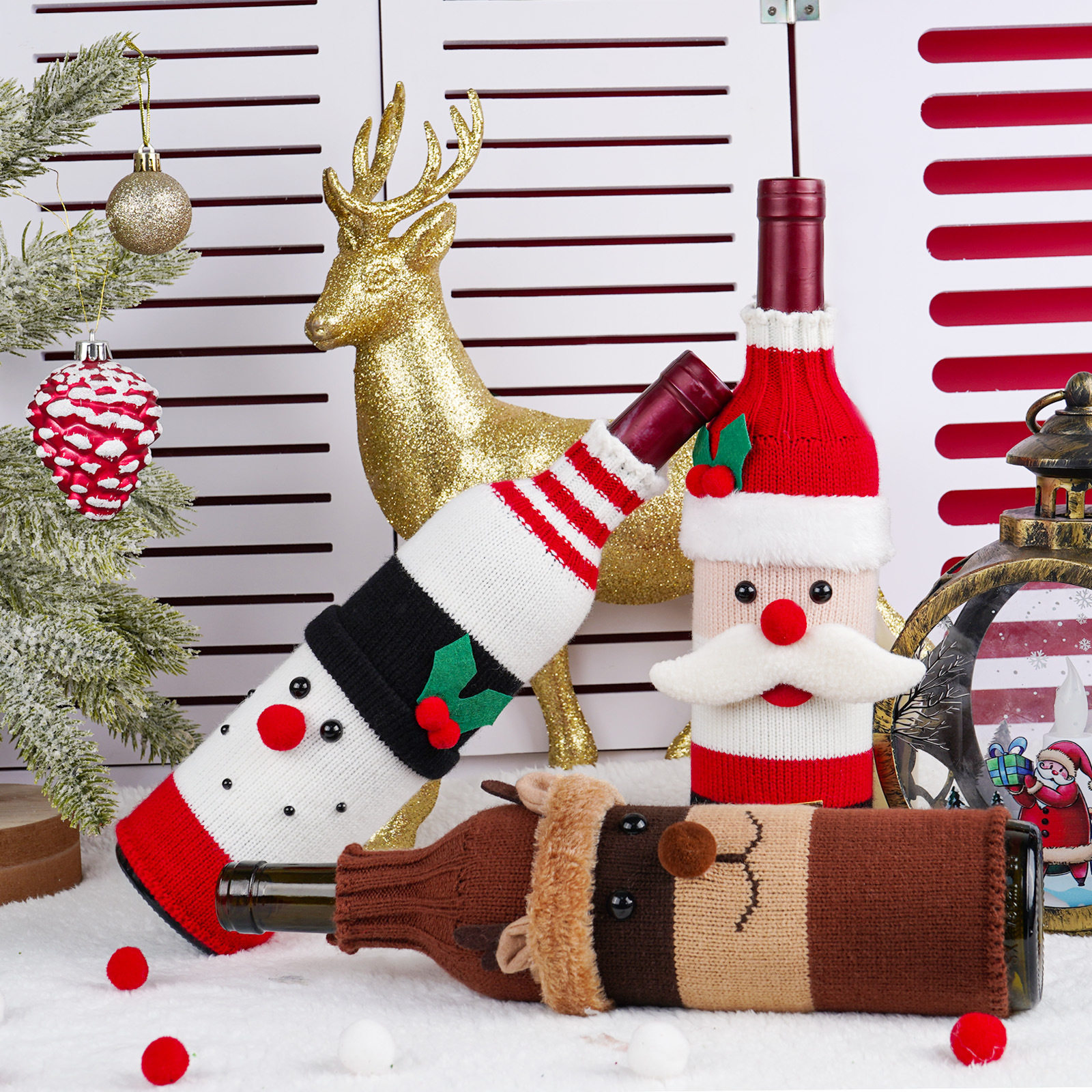 Nuevas decoraciones navideñas muñeco de nieve de edad avanzada cubierta de la botella de vino de Navidad cubierta de la botella de vino de punto Champagne cubierta de la botella de vino decoración de vacaciones