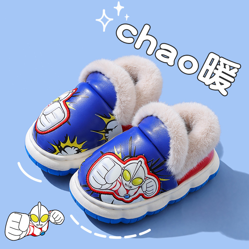 Ultraman invierno niños zapatos de algodón bolsas tacones cálidas lana PU impermeable suela gruesa antideslizante zapatillas de algodón para niños caseros