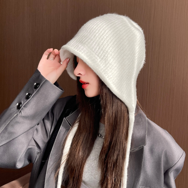 女性用の秋と冬の帽子、ファッショナブルで多用途なニットウール帽子、無地の多用途なウサギの毛皮の暖かい耳保護帽子、大きな頭囲の防寒帽子|undefined