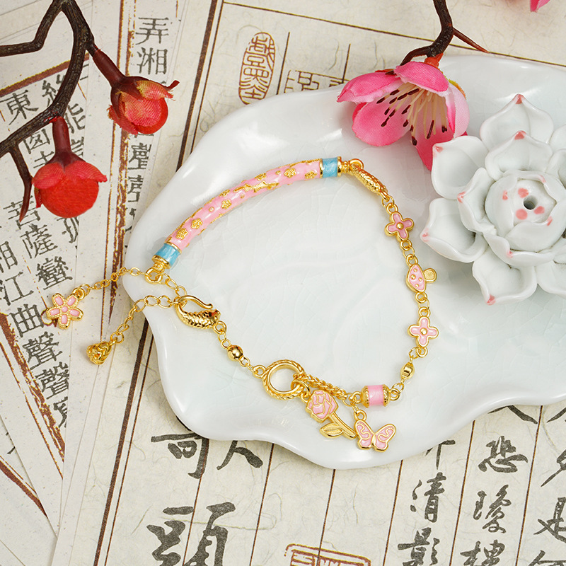 Guochao antiguo brazalete de oro de palacio de viento de la mariposa de tubos de flores de bordas joyas de brazalete no se desvanecen joyas