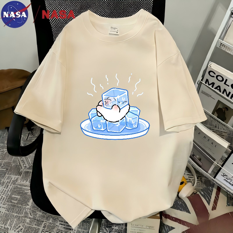 NASA Creative Cartoon Print T-Shirt with Ice Cube Design, Summer Unisex Pure Cotton Short Sleeve Loose Fit with Unique Design NASA Creative Cartoon Print T-Shirt with Ice Cube Design, Summer Unisex Pure Cotton Short Sleeve Loose Fit with Unique Design