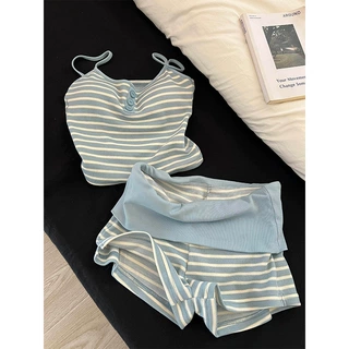 韩系少女蓝色条纹带胸垫吊带睡衣女夏辣妹风背心短裤家居服套装