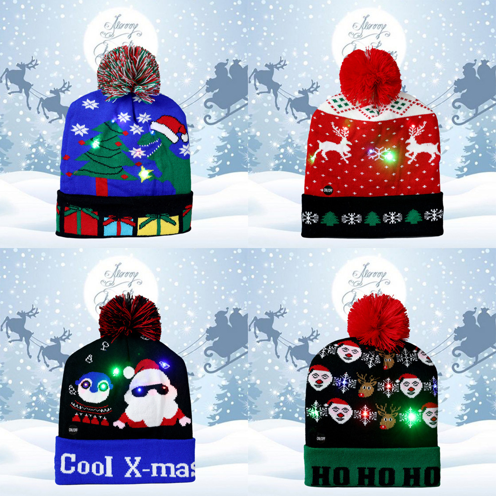 cross-border winter christmas hat fashionable knitted jacquard soldier hat christmas party warm led light cap wholesale
