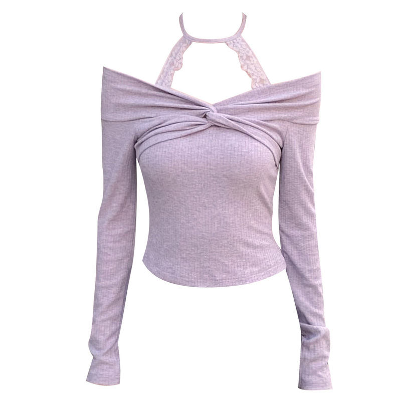 Pure Purple Shoulder Hanging Neck Knitted Base Shirt Women's Autumn and Winter Sweet Spice Girl Lace Short Shoulder Top Pure Purple Shoulder Hanging Neck Knitted Base Shirt Women's Autumn and Winter Sweet Spice Girl Lace Short Shoulder Top