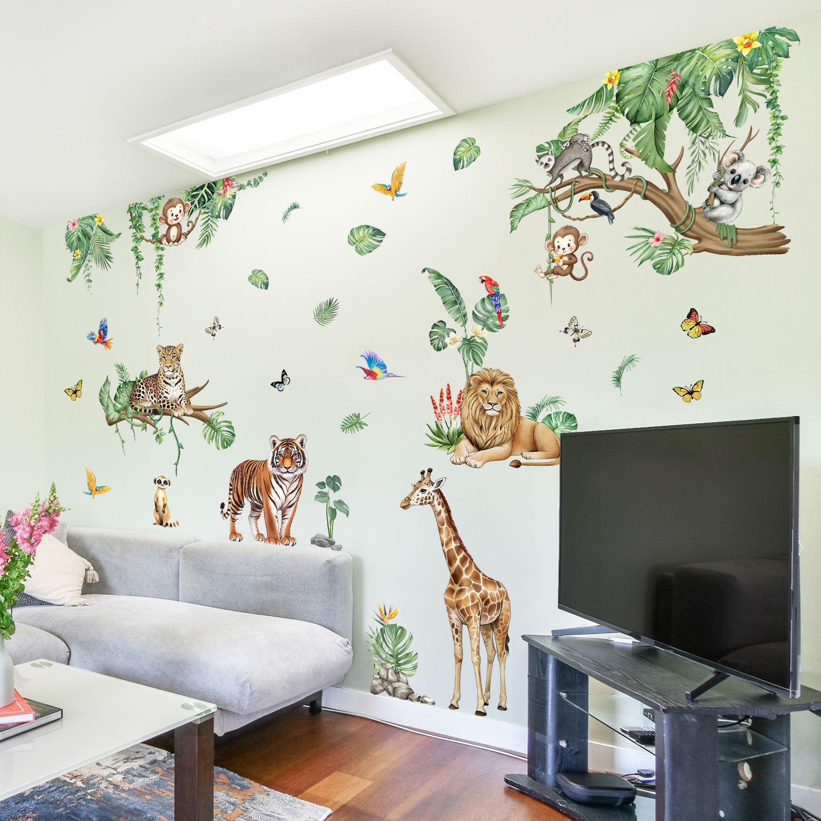 Cartoon Tree Branch Wall Sticker With Animals Birds And Butterflies_voghion.com