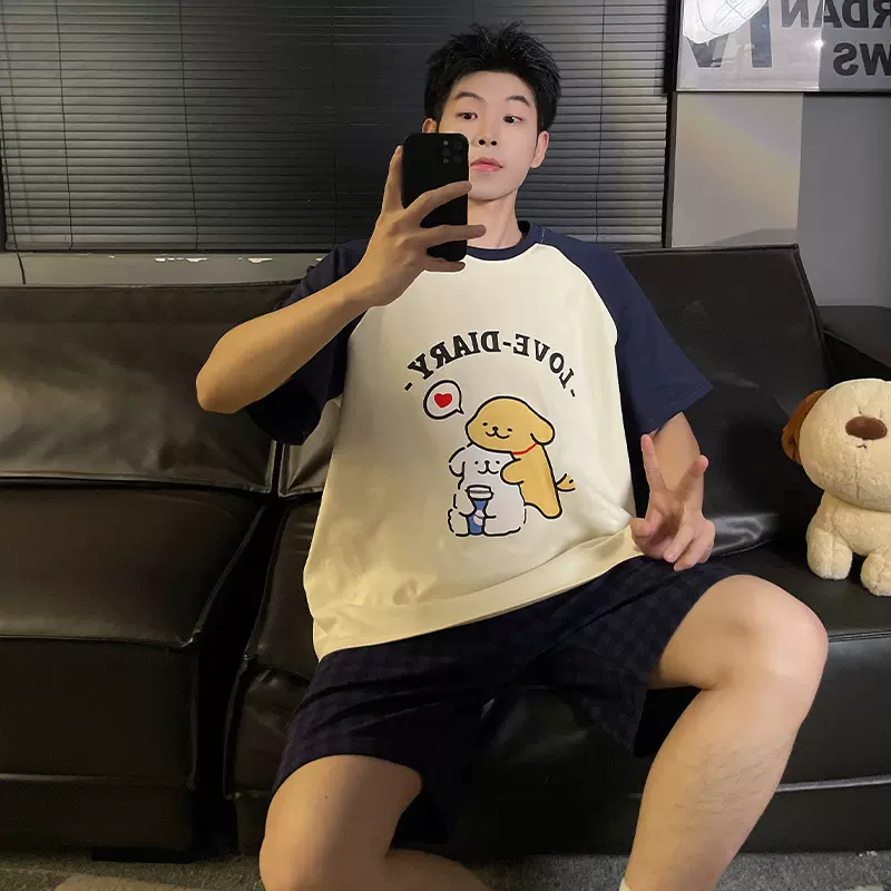 夏季睡衣男士日系针织套头卡通仿棉家居服短袖短裤套装宽松居家服