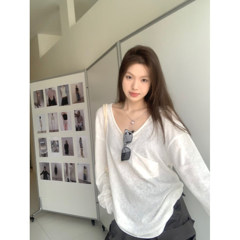White Thin Long-sleeved Sunscreen Blouse T-shirt Women's Summer New Lazy Style Loose Slimming Inner Dance Top White Thin Long-sleeved Sunscreen Blouse T-shirt Women's Summer New Lazy Style Loose Slimming Inner Dance Top