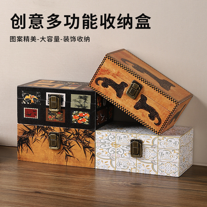 新款中古风木质皮革收纳盒珠宝首饰盒桌面防尘收纳储物盒置物盒|undefined