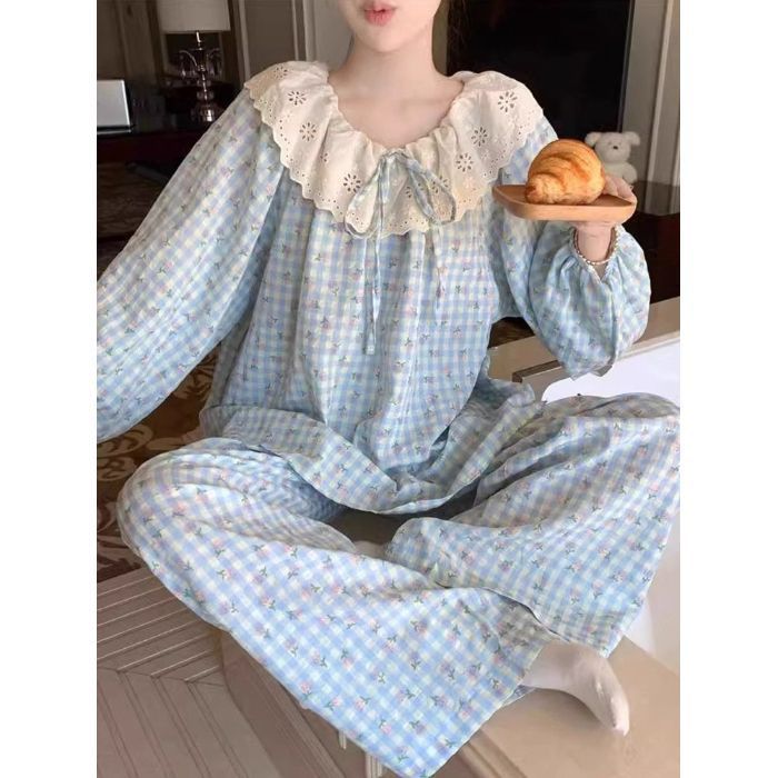 跨境批发云朵棉睡衣女秋季甜美大翻领蕾丝花边长袖长裤家居服套装|undefined