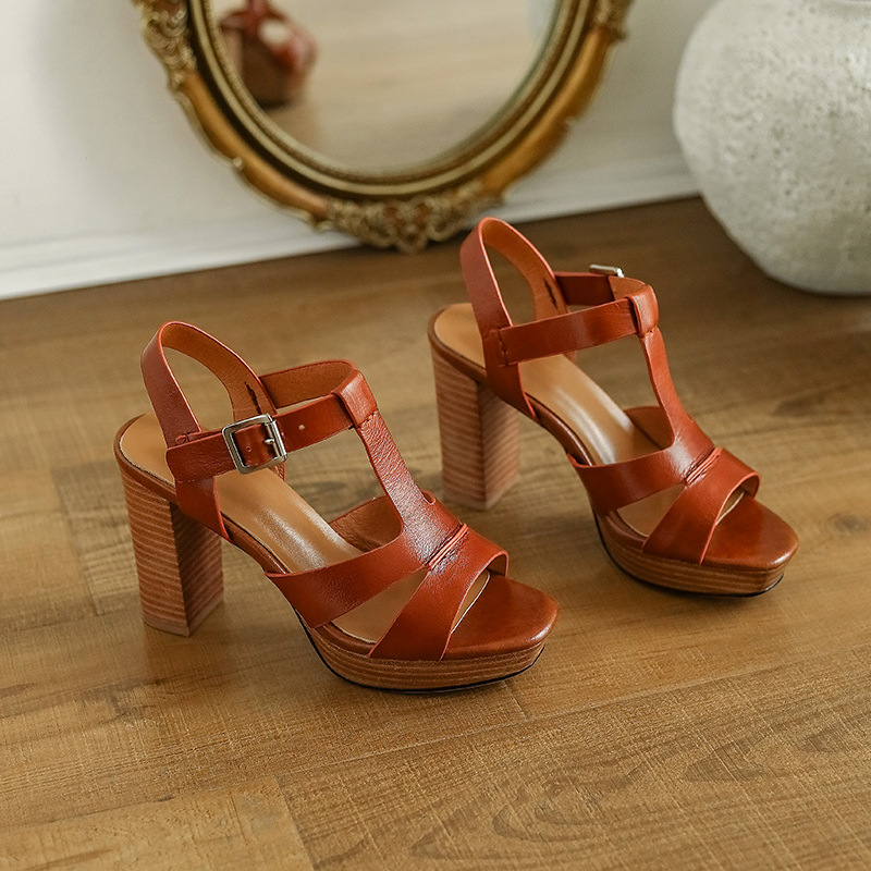Sandal cao gót hở mũi retro 10 cm quai chữ T gót vuông da bò — Màu nâu chi tiết 6