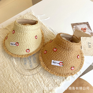 Cartoon Little Apple Raffia Hat for Women 2025 Spring New Large Brim Sunshade Visor Hat Beach Sun Hat