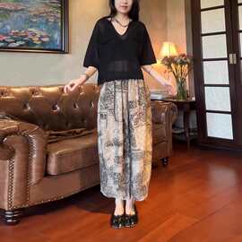 夏季复古印花薄款宽松阔腿弯刀裤高腰休闲气质百搭长裤