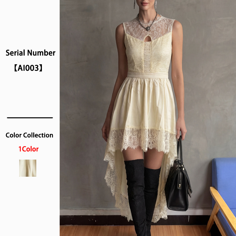 French Lace Hollow-Out Sleeveless Dress for Women, New Summer Fashion, Vacation Style, Irregular High-Waisted Elegant Short Dress French Lace Hollow-Out Sleeveless Dress for Women, New Summer Fashion, Vacation Style, Irregular High-Waisted Elegant Short Dress