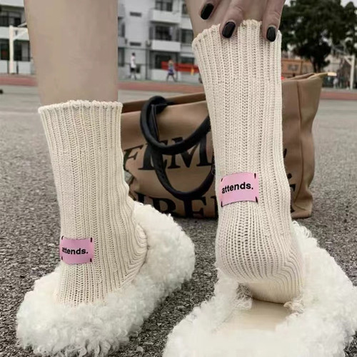 Autumn/Winter Trend Brand Pink Label Solid Color Thick Knit Double Needled Mid-Calf Socks for Men and Women Couple Sports Retro Bunchy Socks Cotton