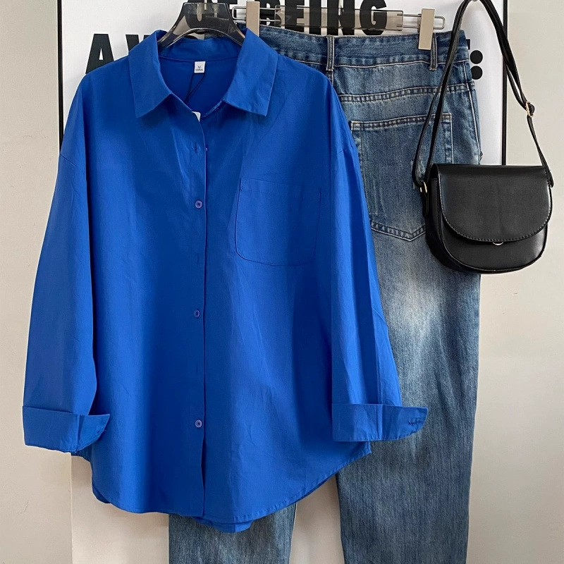 Рубашка с воротником polo с длинным рукавом куртка женский Кляйн синий складной дизайн