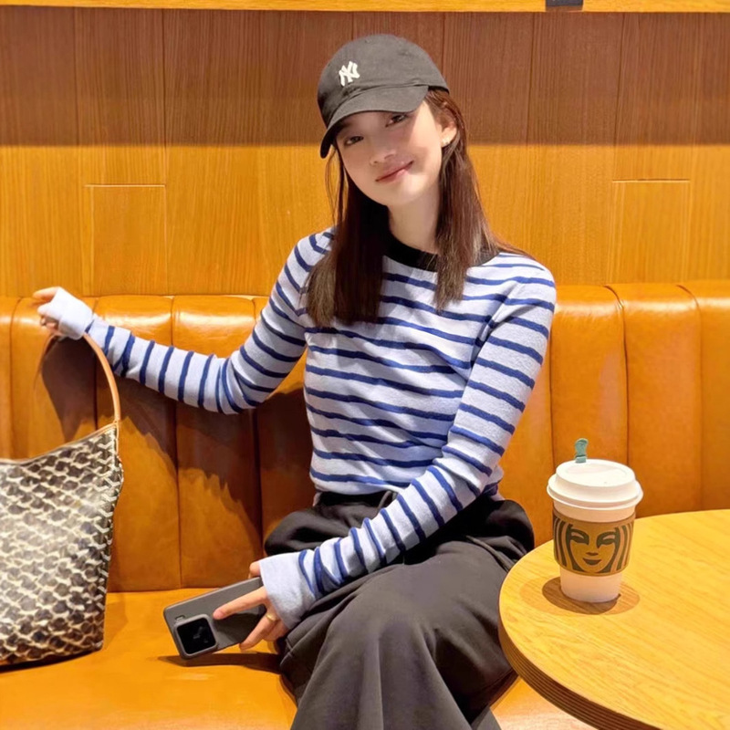 法国rouje chic法式百搭休闲风蓝色条纹修身显瘦T恤女春长袖上衣|undefined