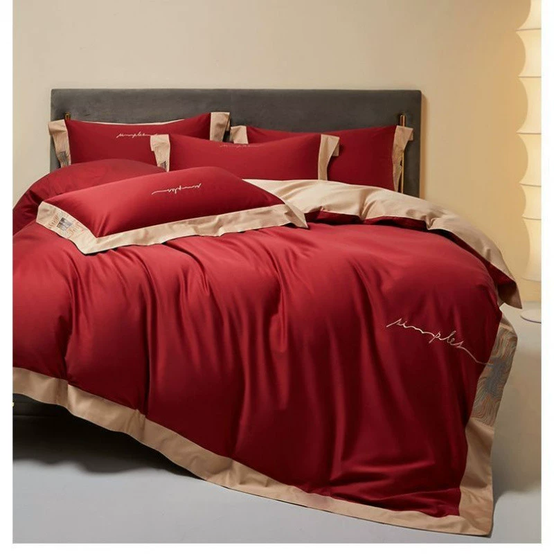 Q4Phappylove red four-piece wedding bedding set 100S wedding simple wedding