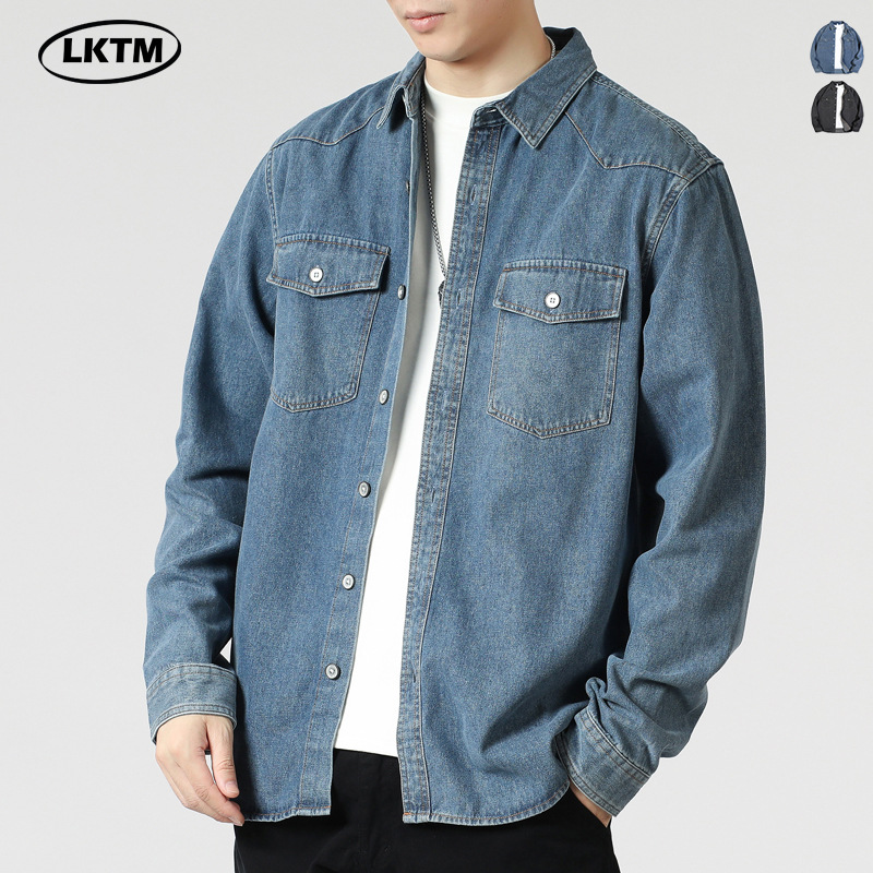 LKTM男装#日系复古牛仔衬衫外套男轻熟休闲百搭宽松水洗长袖衬衣