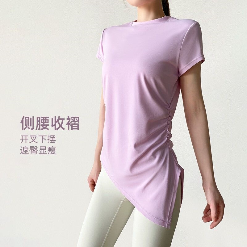 Round Neck Yoga Short-Sleeved Women's Pleated Waist-Slimming Fitness Top Pilates Casual Running Breathable Sports T-Shirt