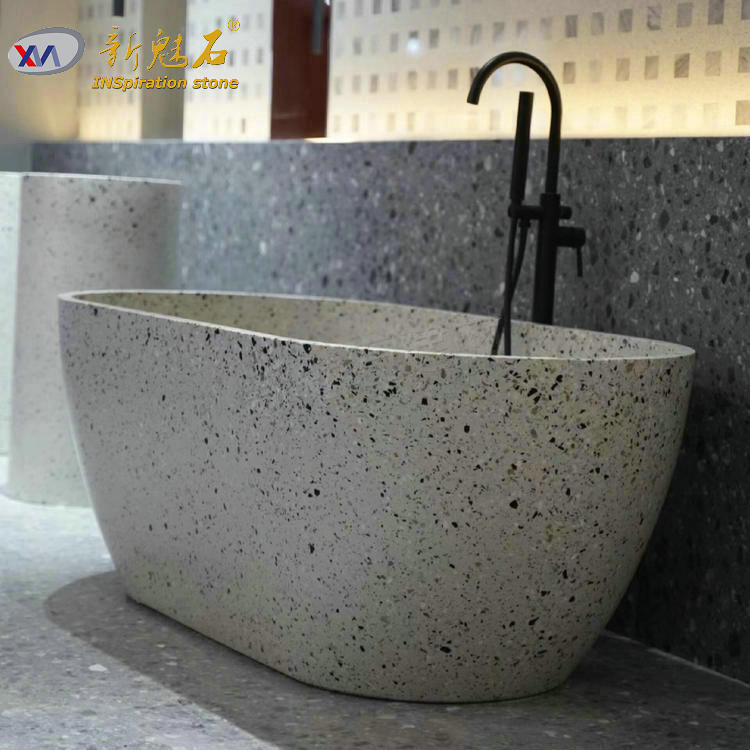 Large and Small Apartment Retro Style Dark Gray Terrazzo Thickeneded Edge Bathtub Hotel Artificial Stone Smart Bathtub Customization