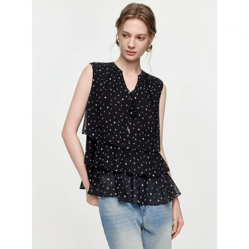 ELLE French-style polka dot top with ruffles, sleeveless blouse for women, 26 autumn new starlight sonata casual shirt ELLE French-style polka dot top with ruffles, sleeveless blouse for women, 26 autumn new starlight sonata casual shirt
