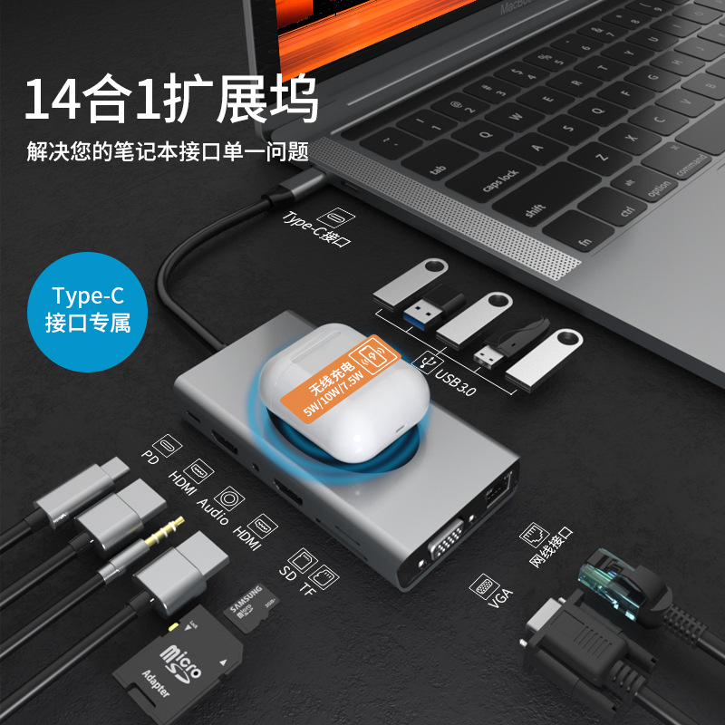 Cross-border hot selling type c hun docking station usb hub multi-function hub dual HDMI gigabit docking station