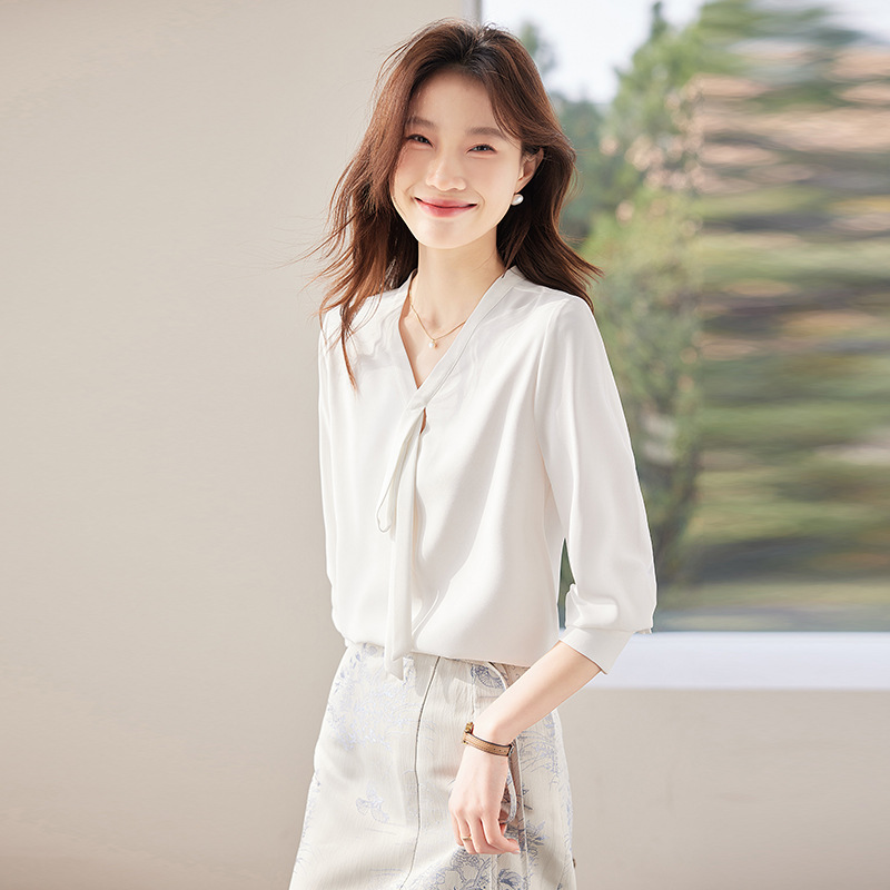 화이트 쉬폰 셔츠 여성의 봄과 가을 새로운 디자인 센스 스트랩 V 넥 최고 전문 원피스 통근 인터뷰 셔츠