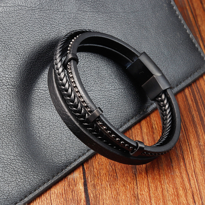 Casual, Daily Occasion 316L Stainless Steel , Leather Material Simple Style 316L Stainless Steel Leather Solid Color Black Men Cord & Leather Bracelets