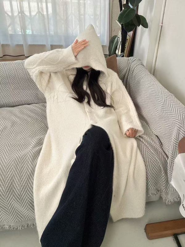 跨境外贸中长款连帽针织开衫大衣女秋冬新款慵懒宽松休闲毛衣外套|undefined