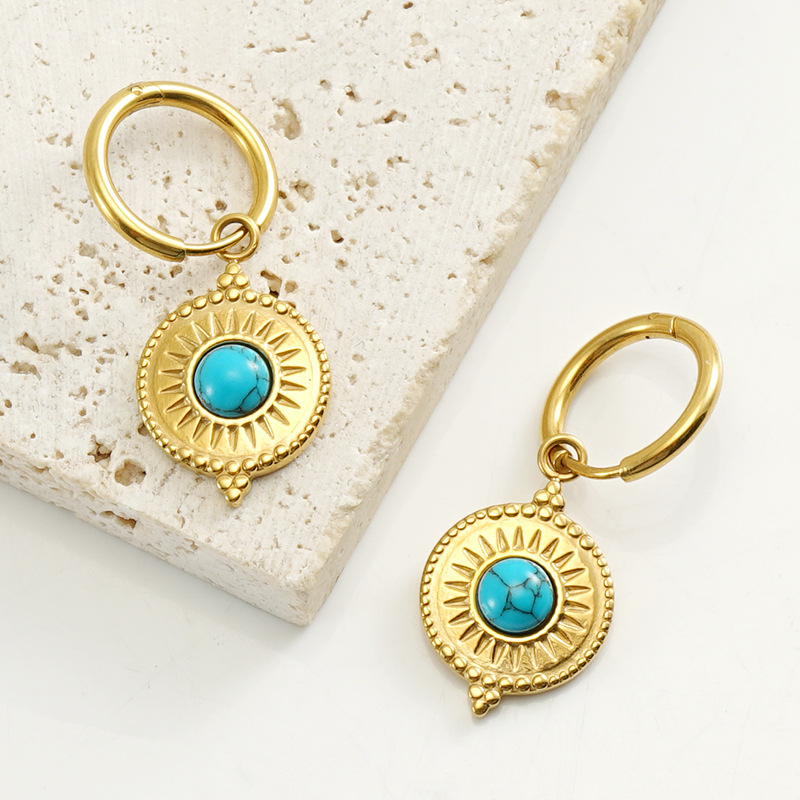 1 Pair Classic Style Flower Plating Inlay 304 Stainless Steel Turquoise 18K Gold Plated Drop Earrings display picture 4