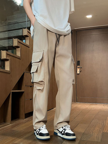 Japanese retro work pants for men, summer loose design, popular multi-pocket casual wide-leg floor-length pants