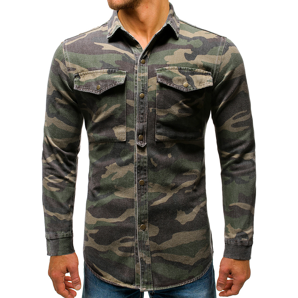 Camicia militare in jeans camouflage a maniche lunghe uomo_voghion.com