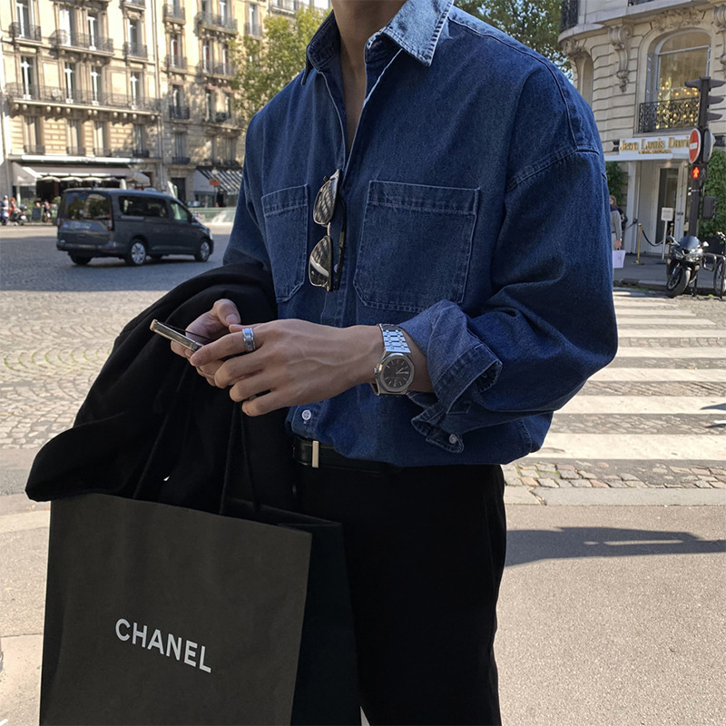 Dark Blue Men's Denim Long-Sleeved Shirt, High-End Sensual Tension Wear, Abstinence-Style British Yuppie Shirt, Autumn Jacket