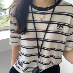 高品質リヨセルテンセル〜韓国ファッションストライプ刺繍セーターレディースプルオーバー半袖Tシャツトップ夏スタイル