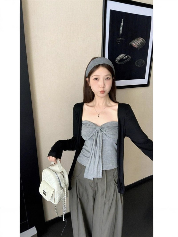 【工厂现货】韩版休闲套装秋季辣妹蝴蝶结抹胸外搭开衫上衣两件套|undefined