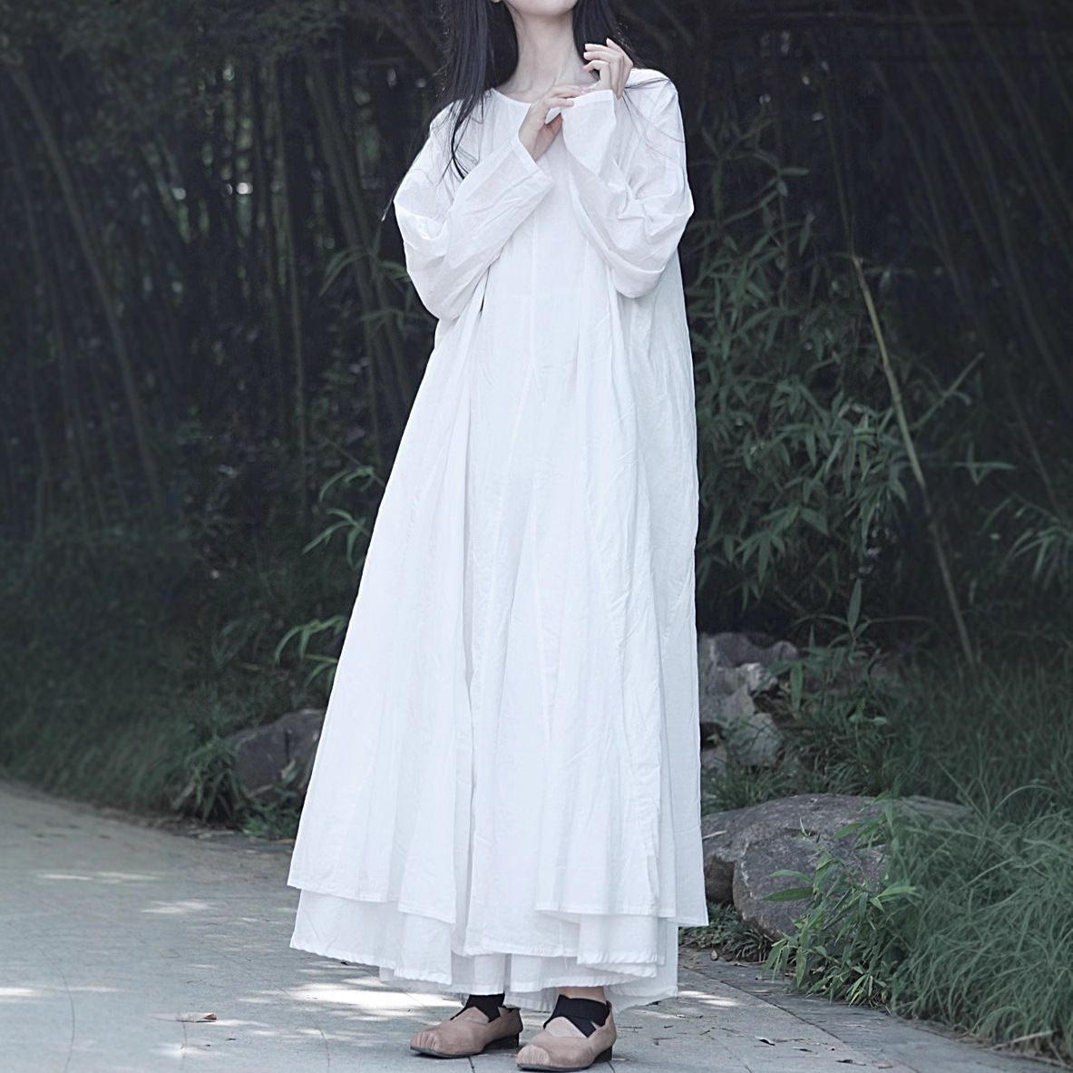 Large Swing Skirt, Artistic Style, Pure Cotton Style Design, Cotton Double Layer Long Sleeves, Large Swing Dress
