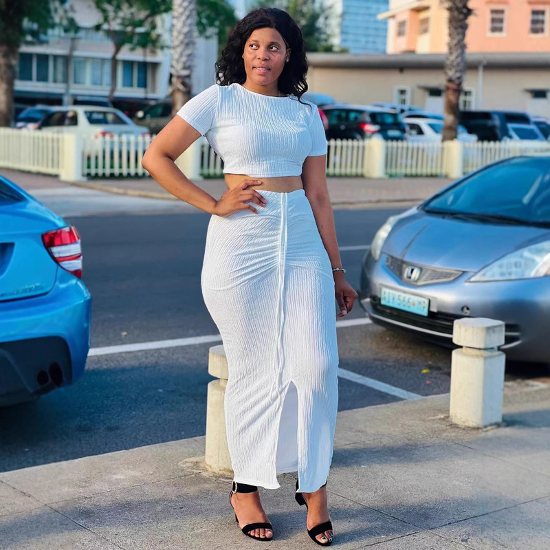 2025 Amazon European and American Women's Clothing Sexy Pleated Short-Sleeved Top Drawstring Pleated Midi Skirt Versatile European and American Style