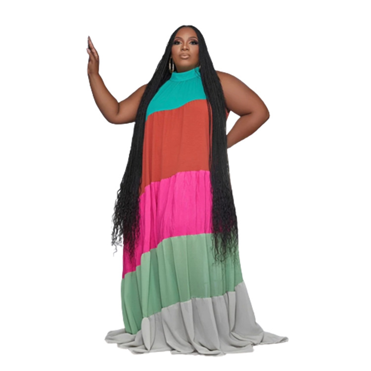 Women's plus-size splicing color contrast long swing dress_voghion.com