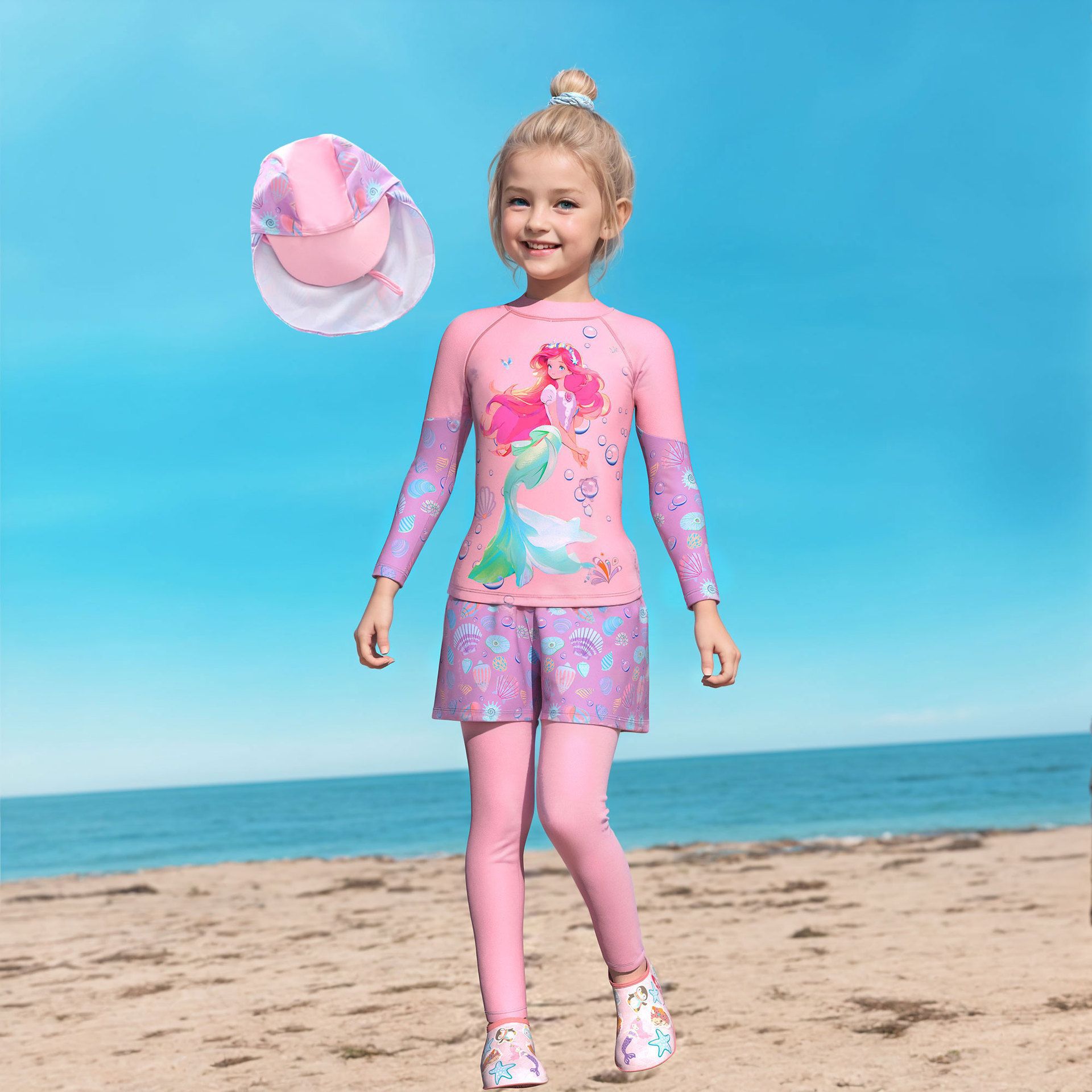 2026 New Kidsren's Swimsuit Girls Swimsuit Small, Medium and Large Kidsren's Mermaid Long-Sleeved Three-Piece Sun Protection Hat Swimsuit